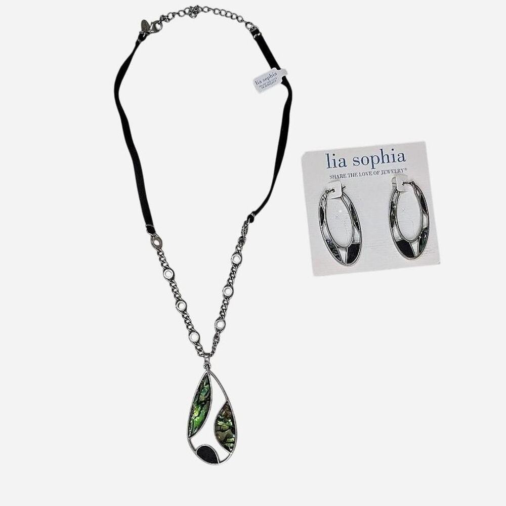 NWT Lia Sophia Abalone & Black Enamel Silver Tone Necklace & Earring Set